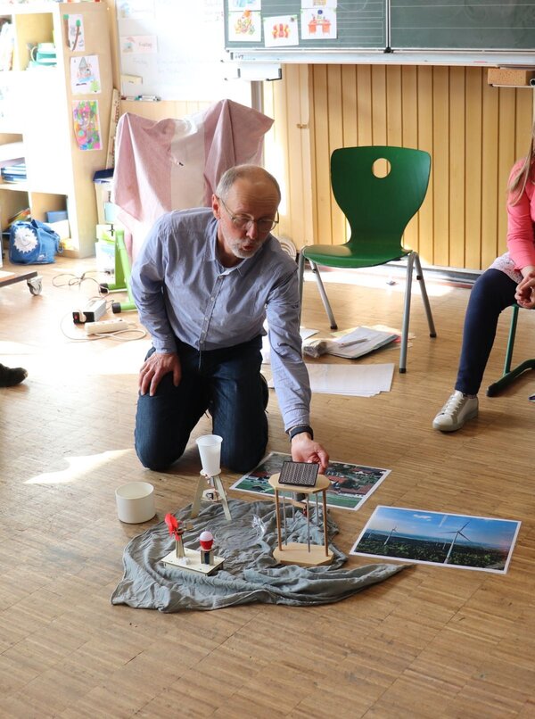 Das Bild zeigt eine Person bei dem Versuch, mit einem Solarmodul Strom zu erzeugen.